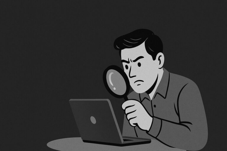 Cartoon man holding a magnifying glass pointed at his laptop